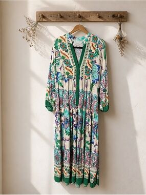 Floral Green-Trim Long Sleeve Bono Dress